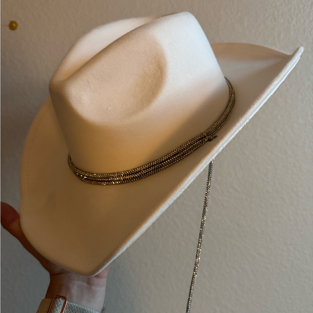 Anthropology white rancher cowboy hat with sparkle chain